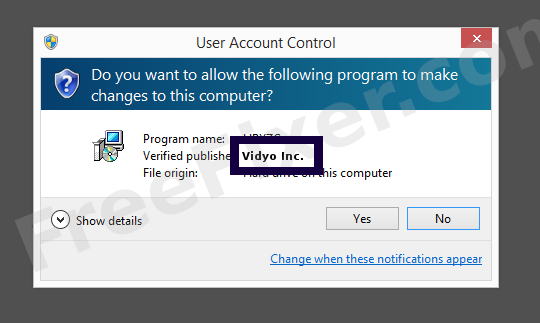 Screenshot where Vidyo Inc. appears as the verified publisher in the UAC dialog